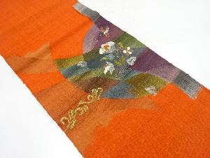 手織り真綿紬　幾何学に花鳥模様織り出し　名古屋帯